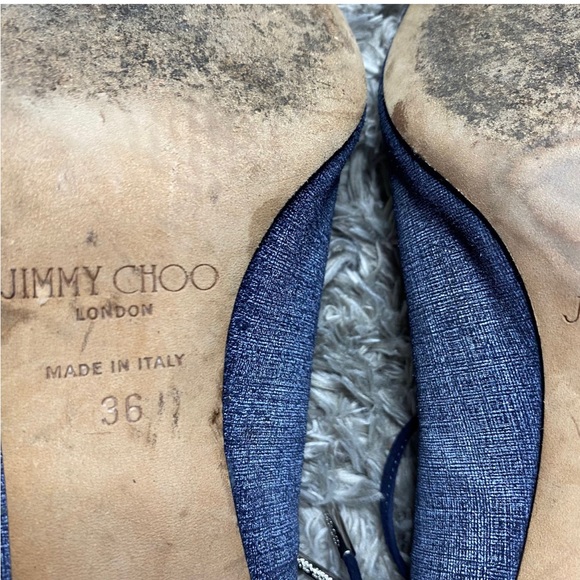 JIMMY CHOO Vernie Denim Leather Wood Heel Sandals - Picture 11 of 11